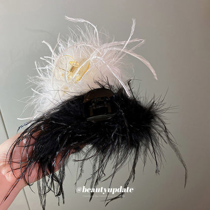 秋冬超仙鴕鳥毛發夾小眾設計高級感ins抓夾后腦勺盤發鯊魚夾發飾