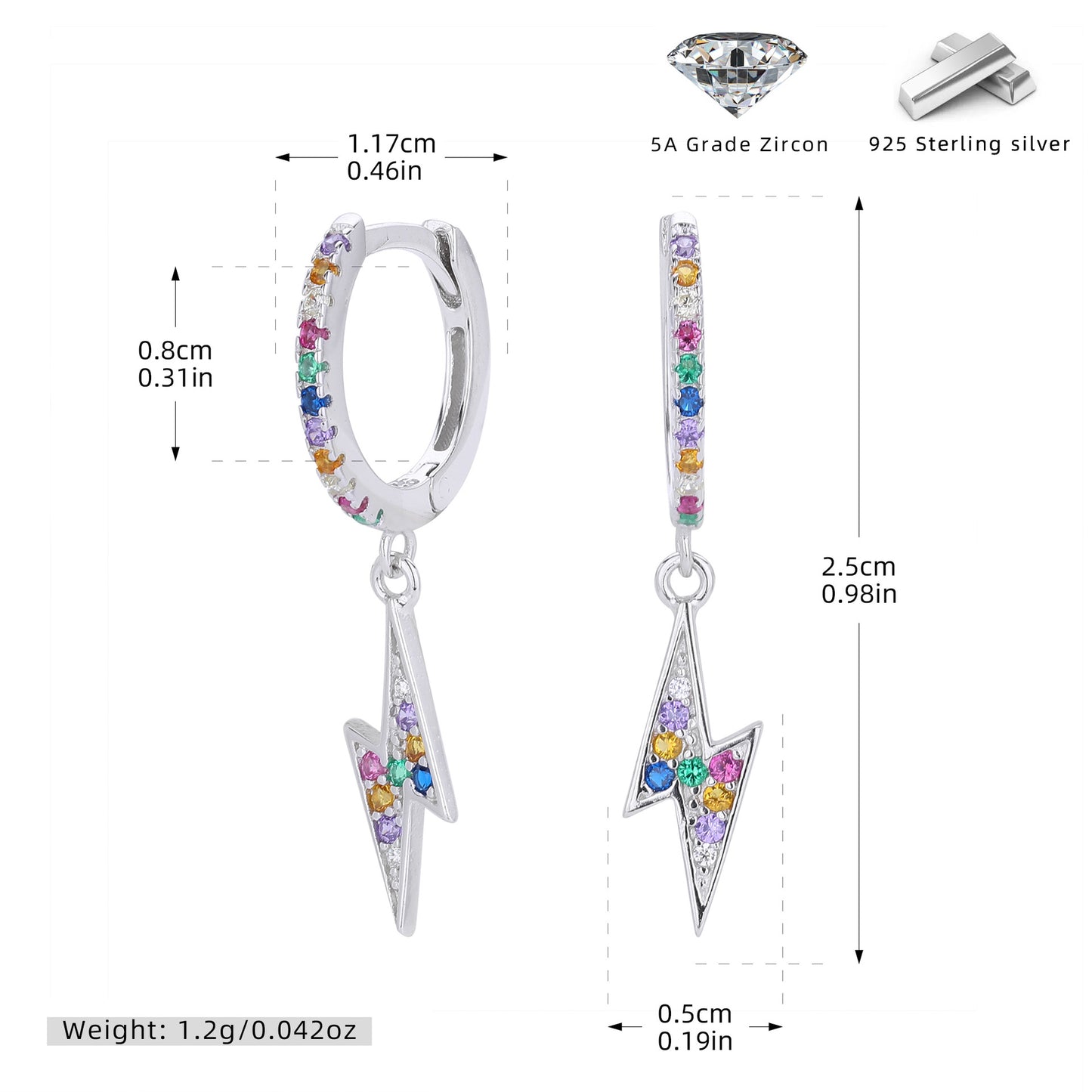 S925 新款耳墜時尚鑲嵌彩色鋯石閃電耳飾輕奢百搭小眾飾品