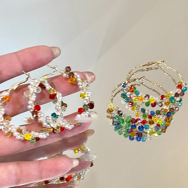 銀針珍珠玻璃纏繞彩色耳圈清新甜美耳環輕奢高級感耳飾設計感小眾