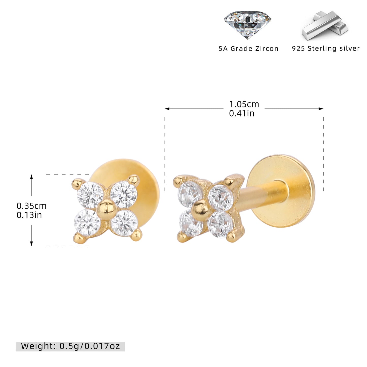 S925 耳釘時尚鑲鋯四葉草平底螺紋耳骨釘百搭款飾品