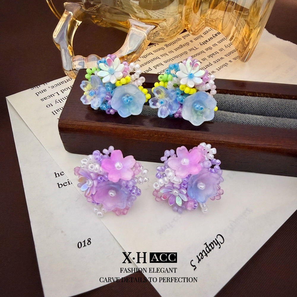 繽紛銀針花朵立體耳釘－銀針-綠色款實拍｜https://igowo.tw/