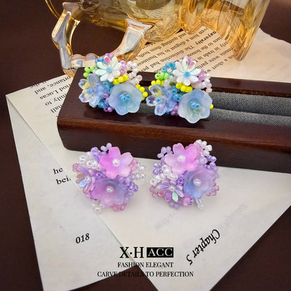 繽紛銀針花朵立體耳釘－銀針-綠色款實拍｜https://igowo.tw/