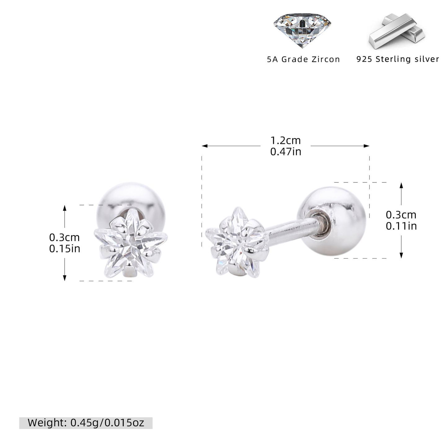 S925 五角星星鋯石耳釘女款簡約小巧氣質擰帽螺紋耳骨蝸釘飾品