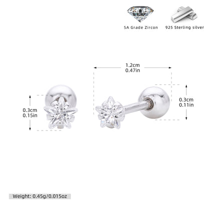 S925 五角星星鋯石耳釘女款簡約小巧氣質擰帽螺紋耳骨蝸釘飾品