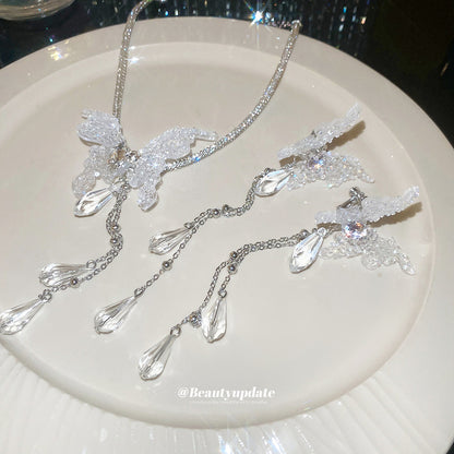 超仙絕美蝴蝶流蘇耳夾項鏈獨特漂亮優雅首飾套裝設計感小眾飾品女