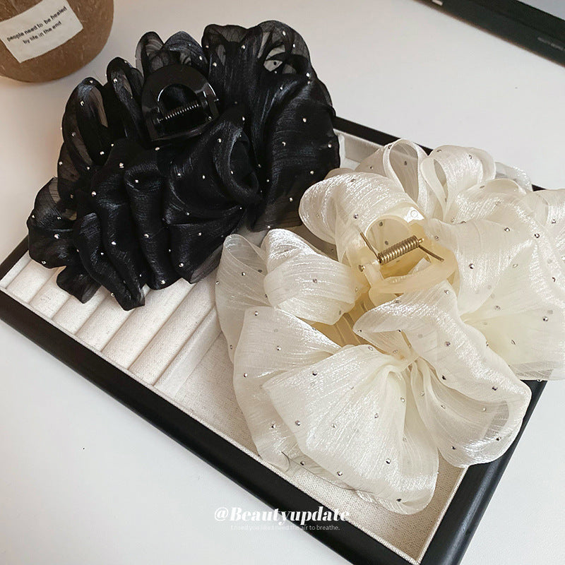 蝴蝶結鑲鉆網紗發夾抓夾大號發量多后腦勺鯊魚夾輕奢高級感發飾女