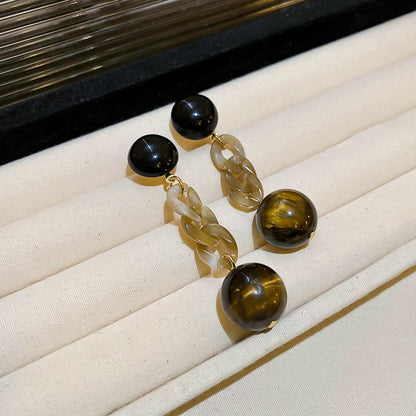 銀針美拉德咖色人造虎眼石款耳環簡約時尚百搭耳釘輕奢高級感耳飾