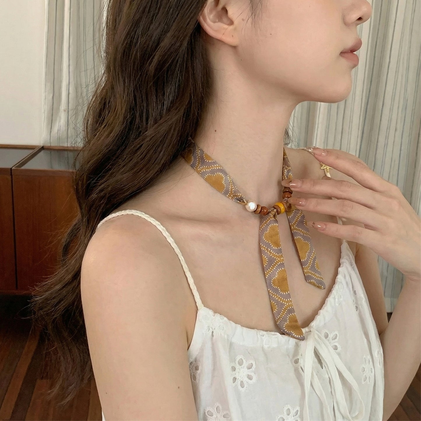 棕色緞帶碎花復古項鍊－2/綠色款實拍｜https://igowo.tw/