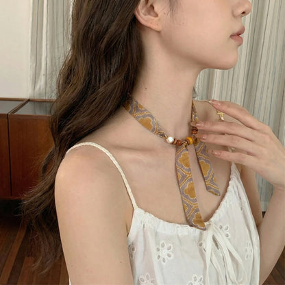 棕色緞帶碎花復古項鍊－2/綠色款實拍｜https://igowo.tw/