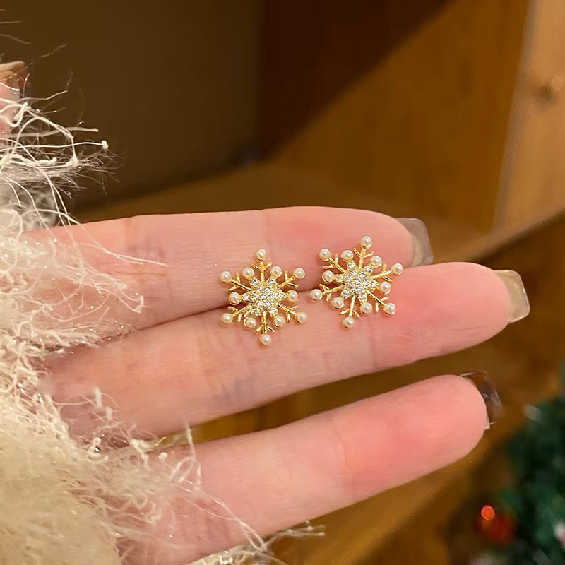 雪花珍珠耳環氣質輕奢簡約耳飾小清新耳釘耳夾無洞高級復古方圓臉 雪花珍珠耳針