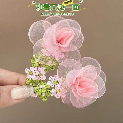 粉色網紗花朵髮夾－綠色1個款細節1｜https://igowo.tw/