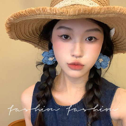 藍色布面花朵復古耳環－商品主圖｜https://igowo.tw/