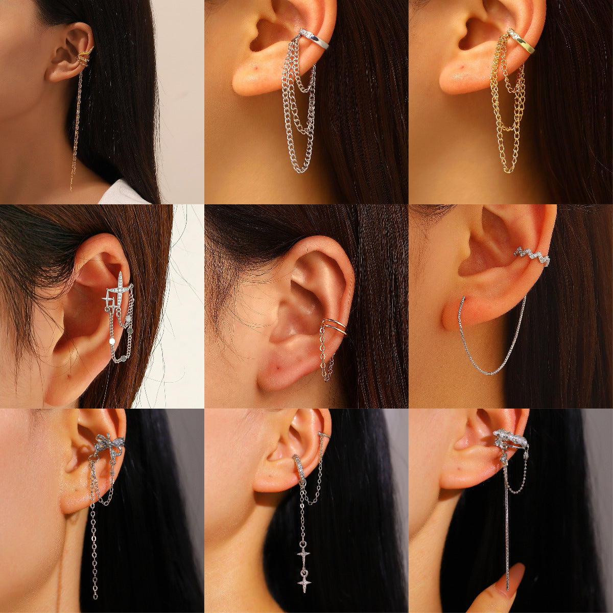 鏈條流蘇免耳洞耳夾－商品主圖｜https://igowo.tw/