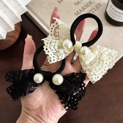 珍珠蕾絲蝴蝶結髮圈－商品主圖｜https://igowo.tw/