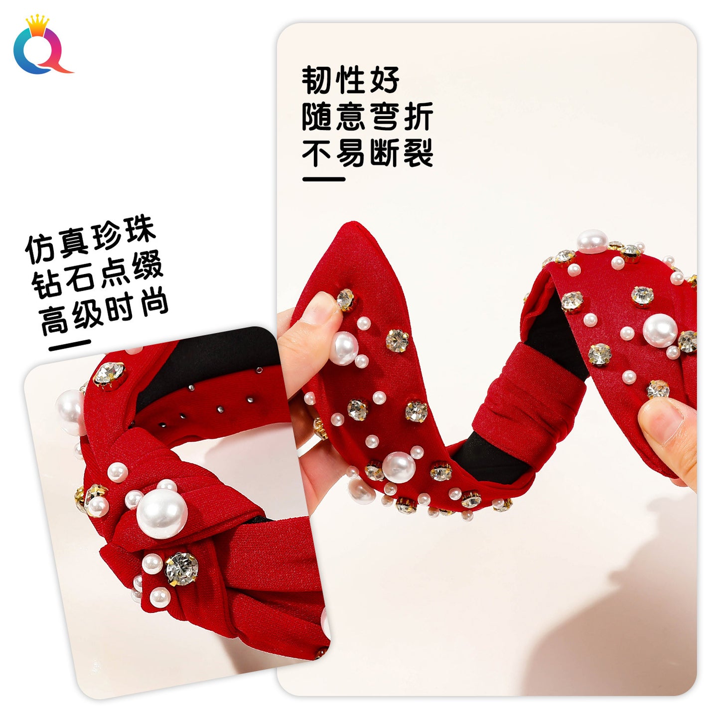 珍珠寬版鑲鑽髮箍－第二視角實拍｜https://igowo.tw/