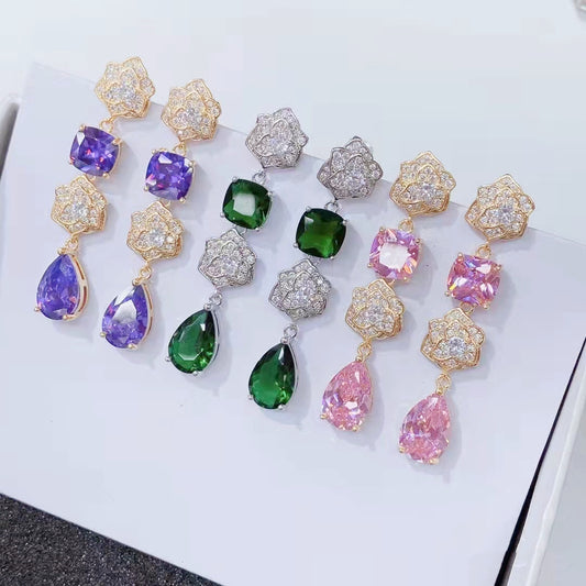 S925彩色鋯石花朵水滴耳釘－商品主圖｜https://igowo.tw/