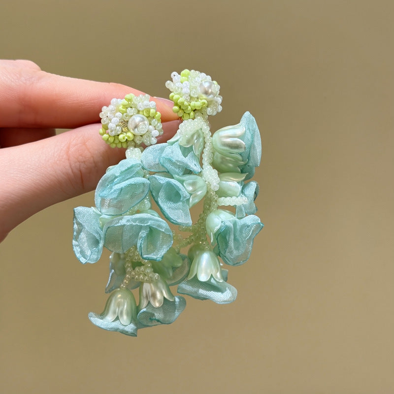 銀針氧氣夏日薄荷曼波綠色耳釘女海邊度假風水晶花朵流蘇耳環耳飾