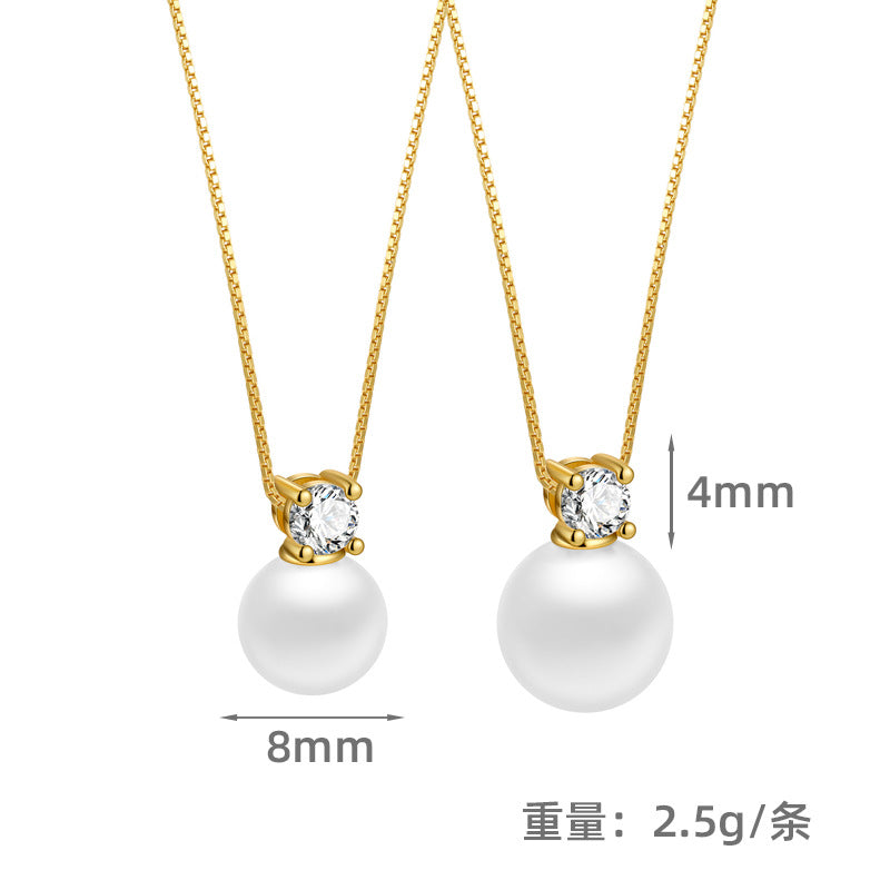 S925 王妃四爪鑲鑽項鏈耳釘套裝女時尚簡約合成珍珠高級感耳飾
