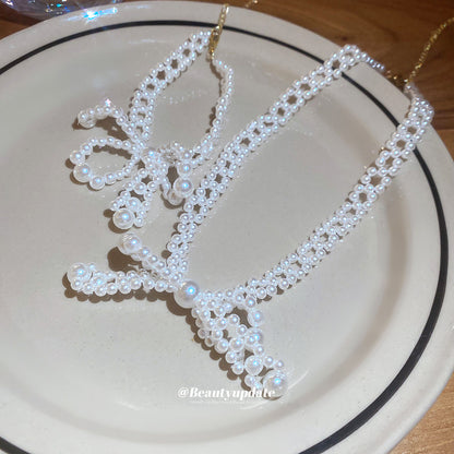不銹鋼蝴蝶結珍珠串珠項鏈手鏈甜美優雅首飾套裝設計感小眾飾品女