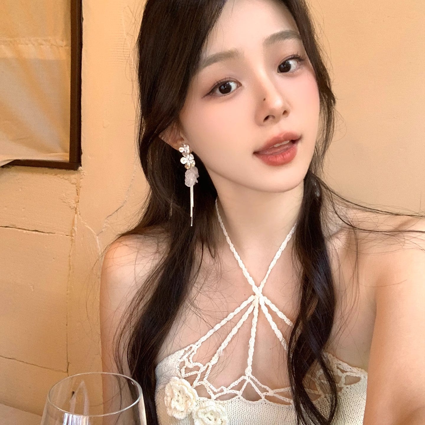 鋯石花朵流蘇長版耳環