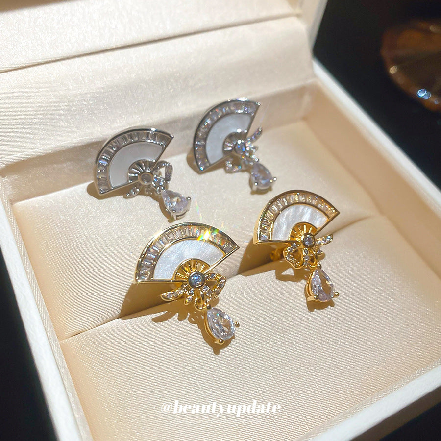 18k真金電鍍鋯石貝母扇形耳夾復古時尚氣質耳環輕奢高級感耳飾女