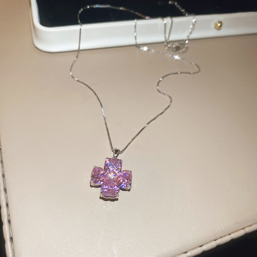 韓版超閃鋯石花朵耳環項鏈精致優雅氣質首飾套裝輕奢高級感飾品女