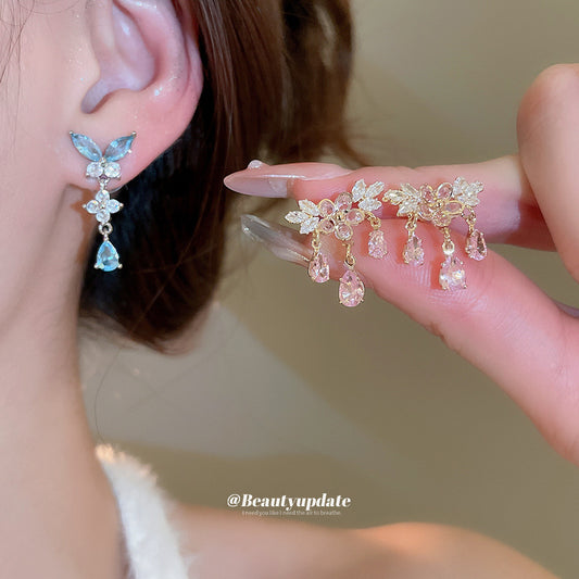 鋯石蝴蝶花朵流蘇耳環－商品主圖｜https://igowo.tw/