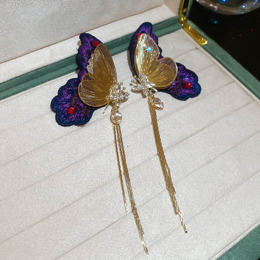 銀針鋯石珍珠針織蝴蝶流蘇吊墜耳環復古耳墜耳釘輕奢高級感耳飾女