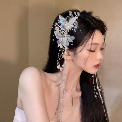 鑲鉆蝴蝶流蘇彈簧夾仙女氣質甜美設計發夾時尚高級感仙氣發飾批發