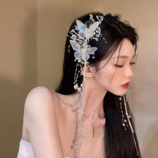 鑲鉆蝴蝶流蘇彈簧夾仙女氣質甜美設計發夾時尚高級感仙氣發飾批發