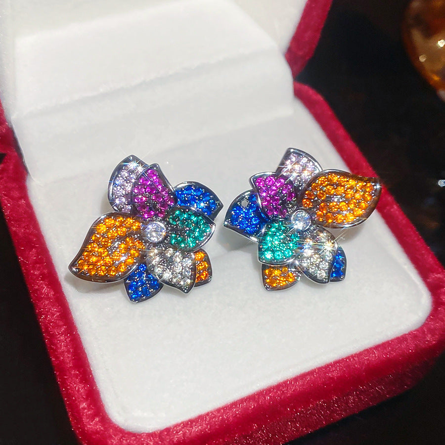 銀針鋯石花朵彩寶耳釘小眾高級感中古vintage耳環歐美跨境耳飾女