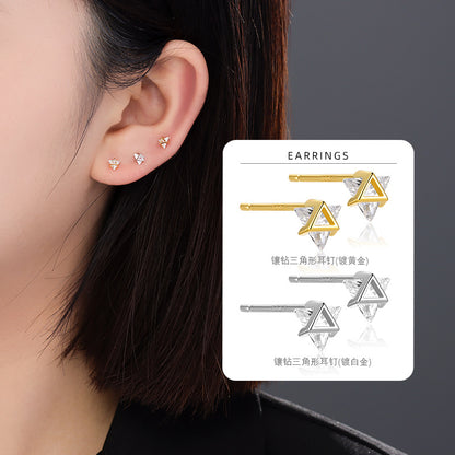 S925 鑲鑽單鑽雪花耳釘日韓時尚氣質鍍K金輕奢女款ins風耳環