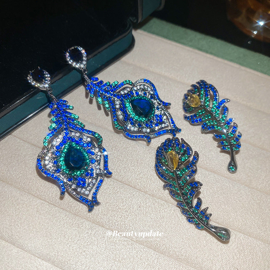 銀針歐美鋯石彩寶羽毛耳釘小眾高級感中古vintage耳環輕奢耳飾女
