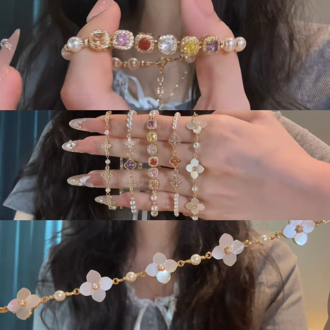 法式白月光~貓眼石花朵手鏈輕奢小眾高級感手環時尚百搭手飾批發