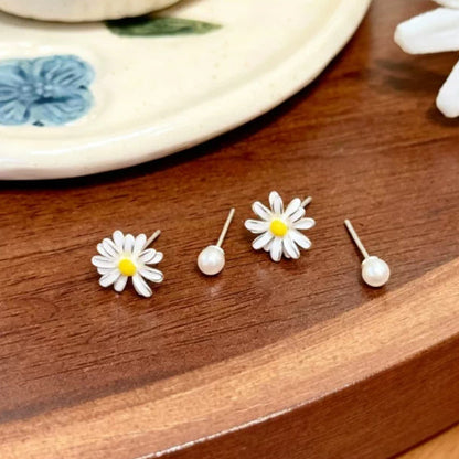 小雛菊花朵珍珠耳釘四件套森系小清新甜美耳環小眾設計高級感耳飾