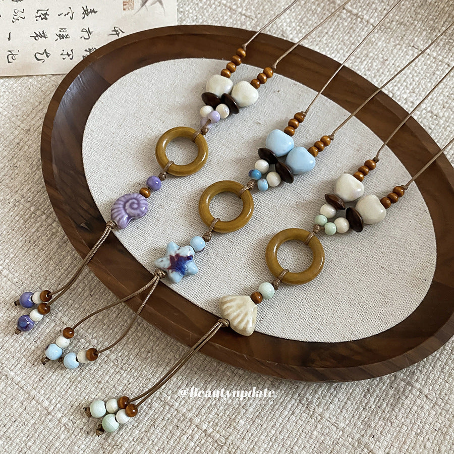 陶瓷圓圈復古項鍊－項鍊-咖色-藍色款實拍｜https://igowo.tw/