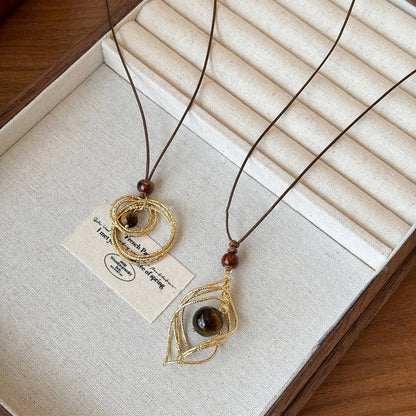 虎眼石圓形墜飾項鍊－項鍊-金色-菱形款實拍｜https://igowo.tw/