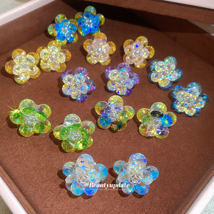 銀針多巴胺幻彩水晶花朵耳釘森系小清新時髦耳環設計感小眾耳飾女