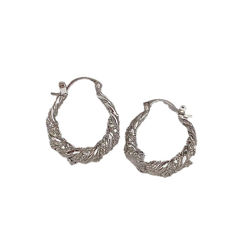 銀針鋯石U形褶皺弧面耳環個性冷淡風銀色系耳釘簡約小眾氣質耳飾