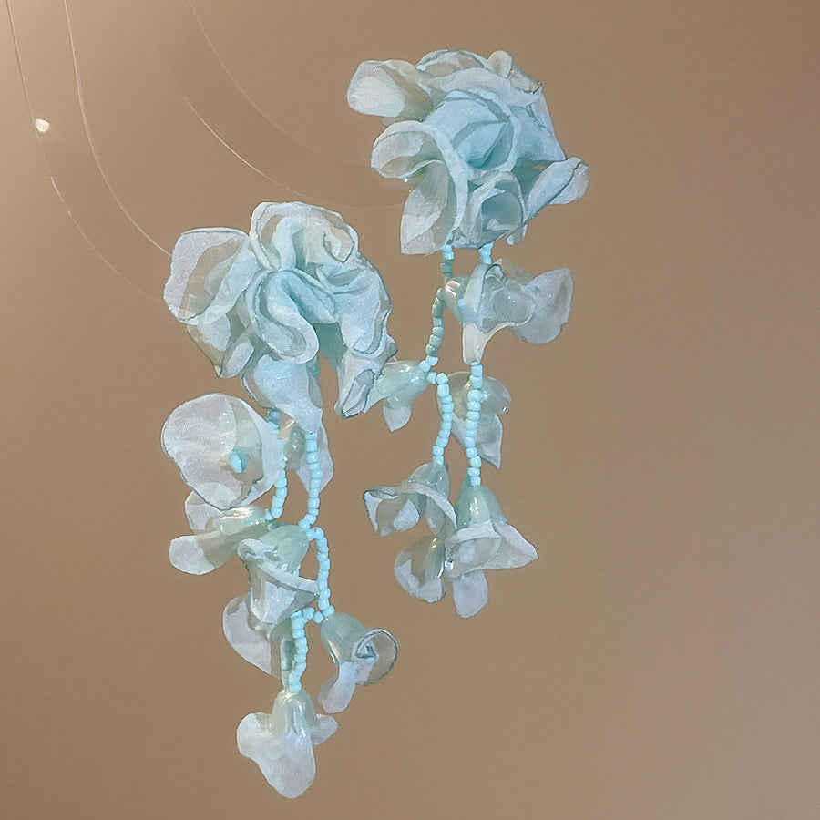 銀針雪紡花米珠串珠流蘇耳釘時尚優雅超仙氣質耳環輕奢高級感耳飾