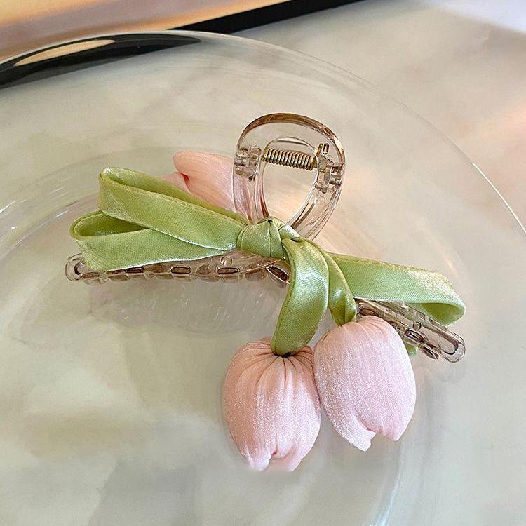 布藝網紗郁金香花朵發夾女高級感氣質盤發鯊魚夾時尚抓夾發飾批發