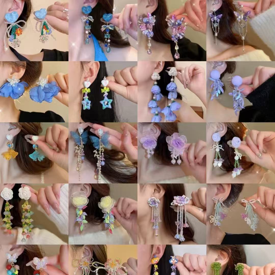 銀針雪紡花朵流蘇耳釘甜美森系多巴胺耳環小眾潮流百搭耳飾批發女
