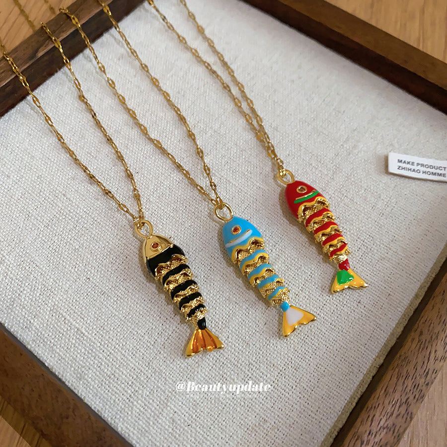 彩色魚尾墜飾項鍊－項鍊-金色-黑色款實拍｜https://igowo.tw/