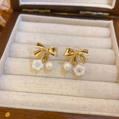 耳夾~18k真金電鍍鋯石蝴蝶結花朵珍珠耳夾氣質耳環小眾高級感耳飾