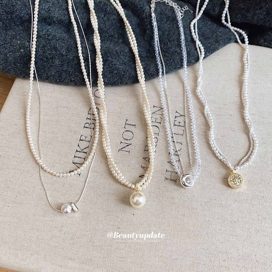 珍珠星星雙層纏繞項鍊－項鍊-銀色-白色（兩件套）款細節｜https://igowo.tw/
