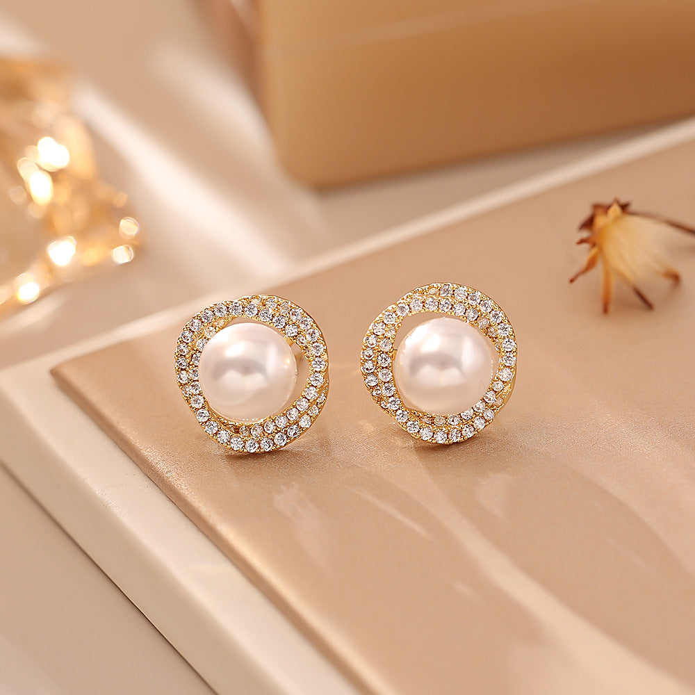 S925珍珠鋯石扭紋耳釘