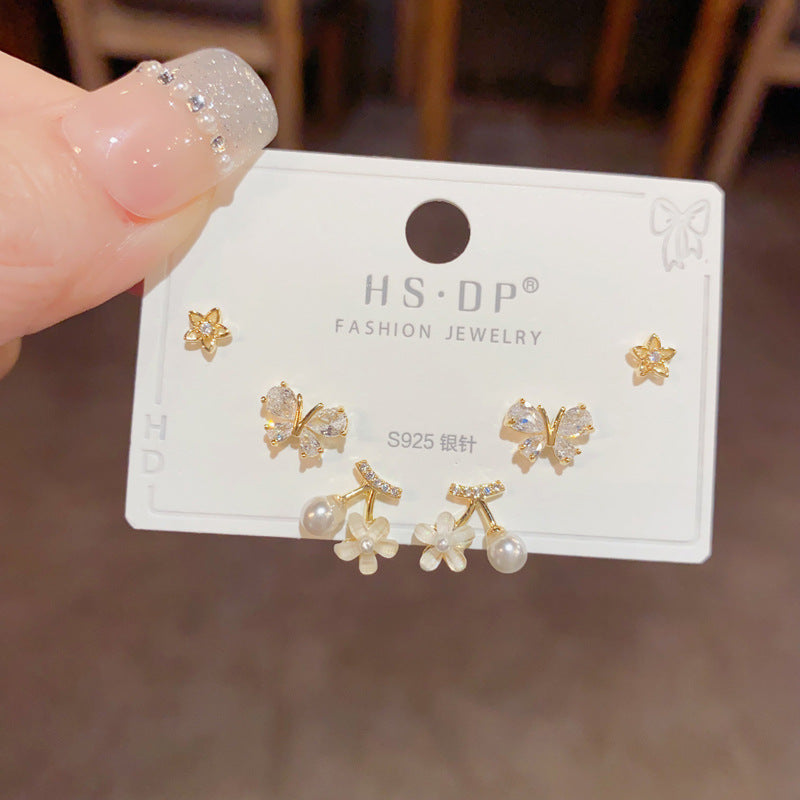 S925鋯石蝴蝶櫻桃小巧耳釘