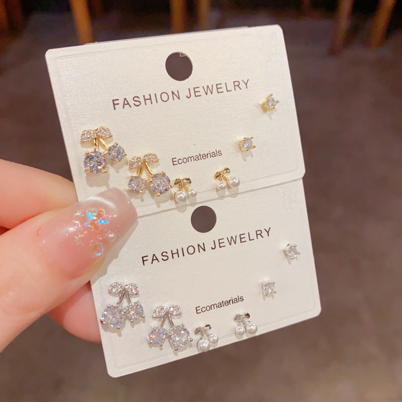 鋯石櫻桃耳釘三件組－商品主圖｜https://igowo.tw/