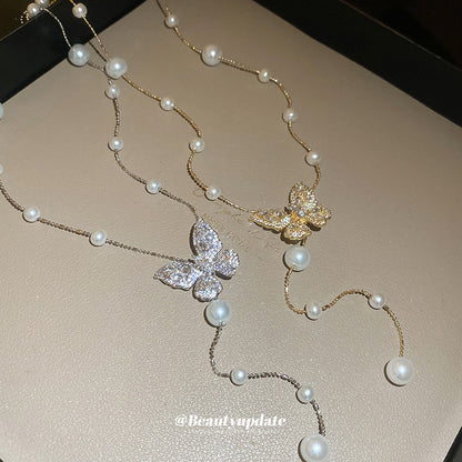 金色珍珠蝴蝶流蘇項鍊－項鍊-銀色(18k真金電鍍)款實拍｜https://igowo.tw/