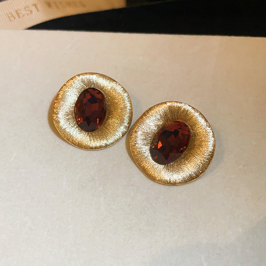 金色銀針橢圓鑲鑽耳釘
